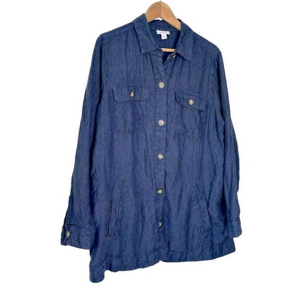 J. Jill Navy Blue 100% Linen Shirt Jacket Button Down Lagenlook Shacket Size L - Picture 8 of 8